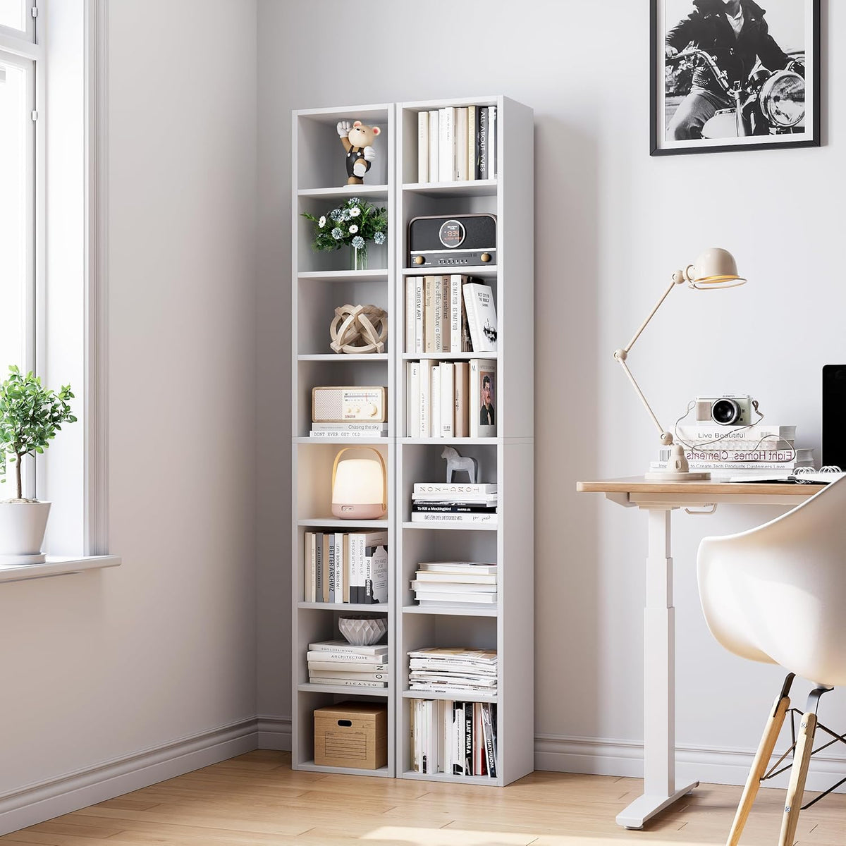 White 8-Tier Narrow Bookshelf with Adjustable Shelves Q300
