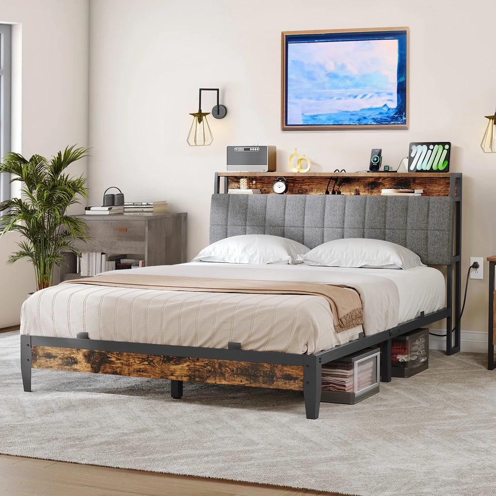 Full Size Upholstered Platform Bed Frame with Charging Station E6597