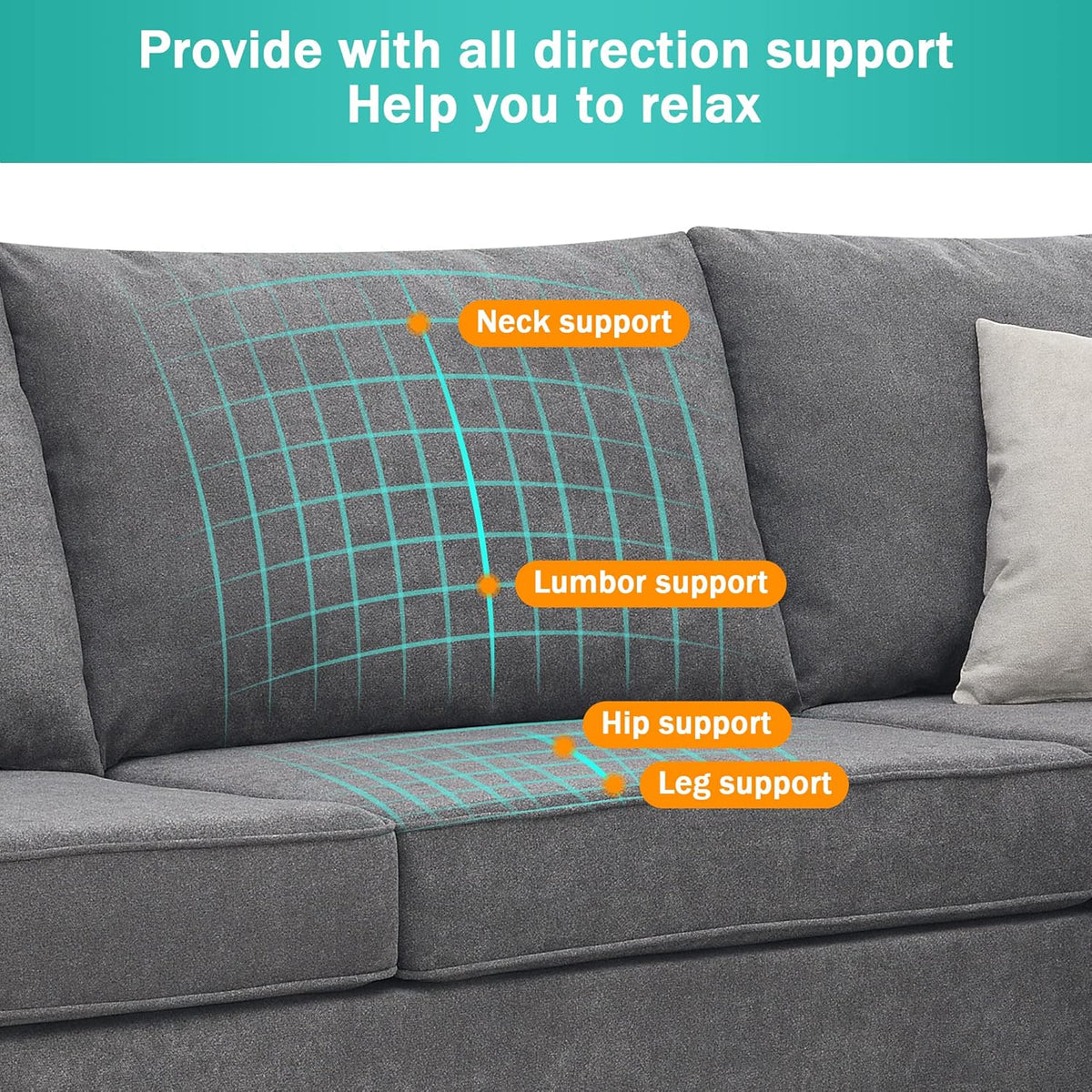 Gray L-Shape Upholstered Sectional Sofa with 3 Pillows X987073