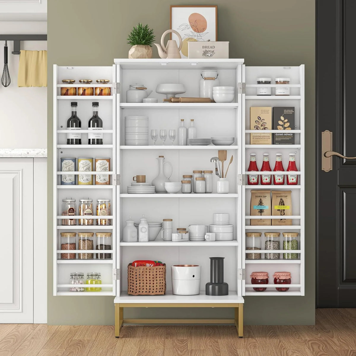 White Freestanding Kitchen Pantry Storage Cabinet with Adjustable Shelves A836916