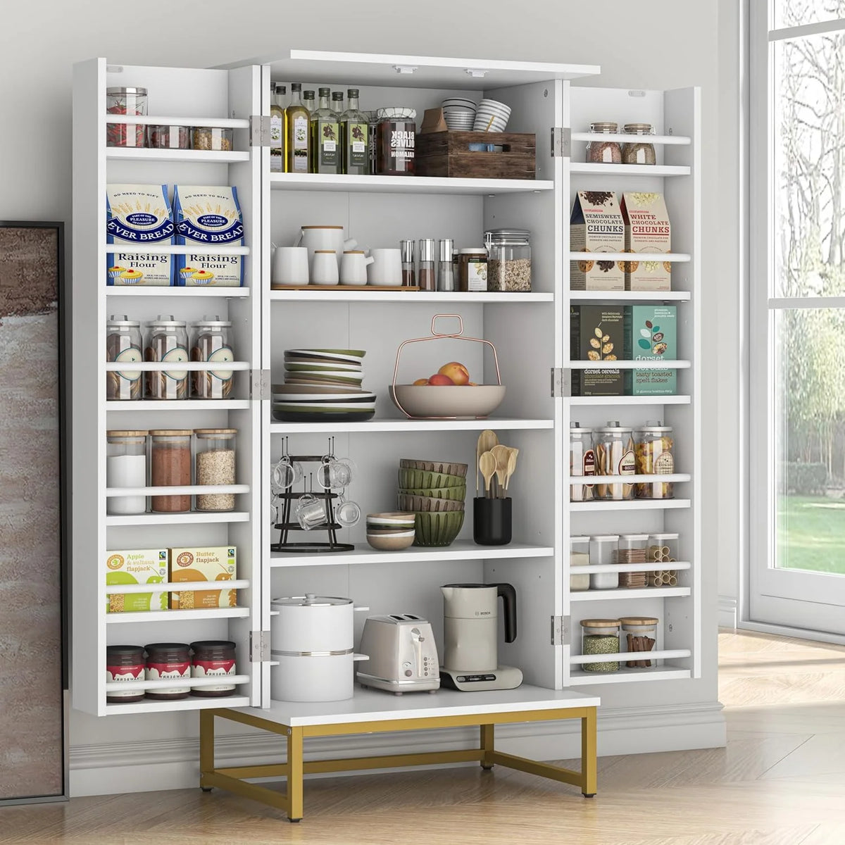 White Freestanding Kitchen Pantry Storage Cabinet with Adjustable Shelves A836916