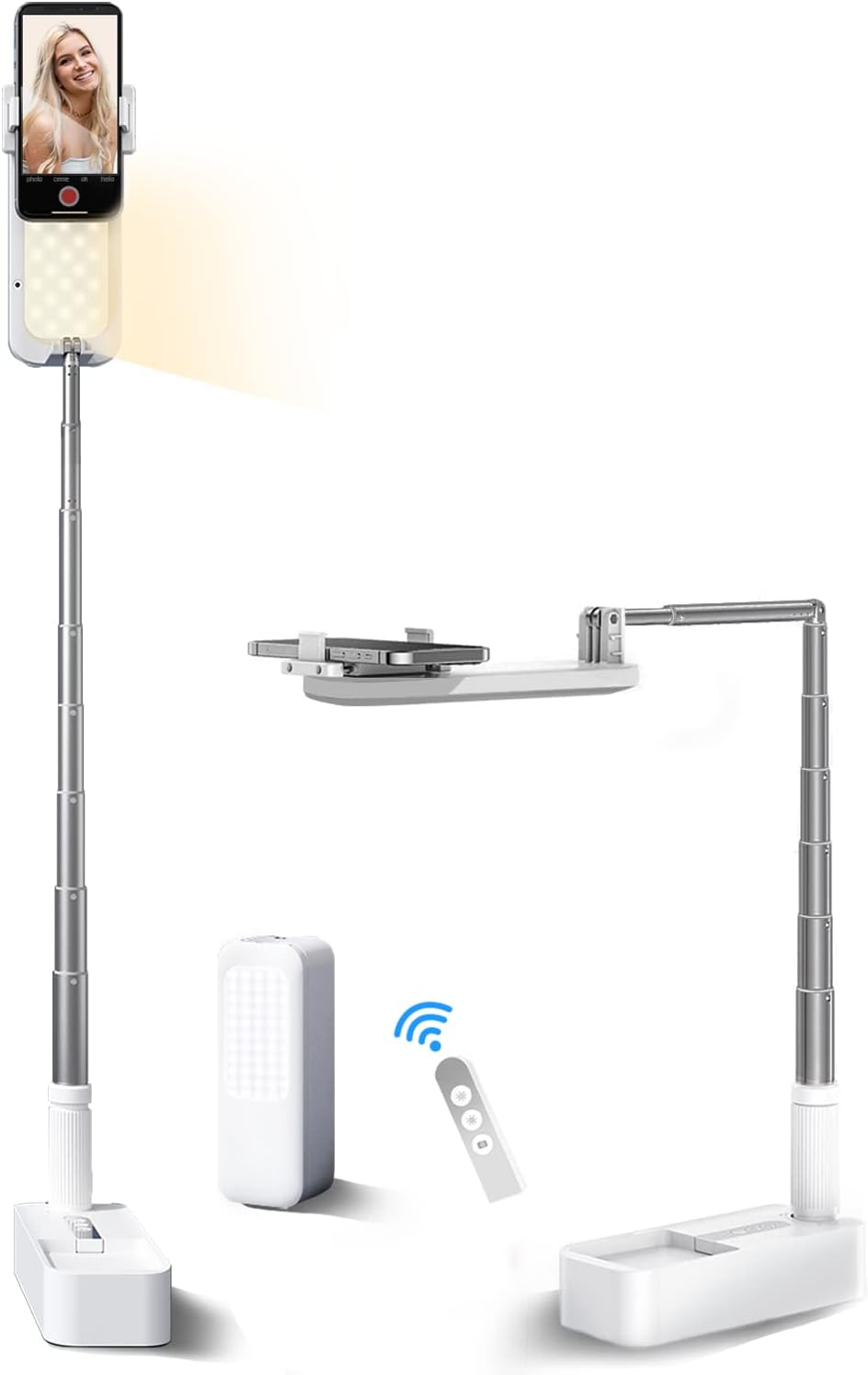 Selfie Stand with 360° Rotates Phone Holder, Foldable, Rechargeable, Wireless, 1000mah Battery, 7 Brightness LED Light, White, Pack of 2 M7010