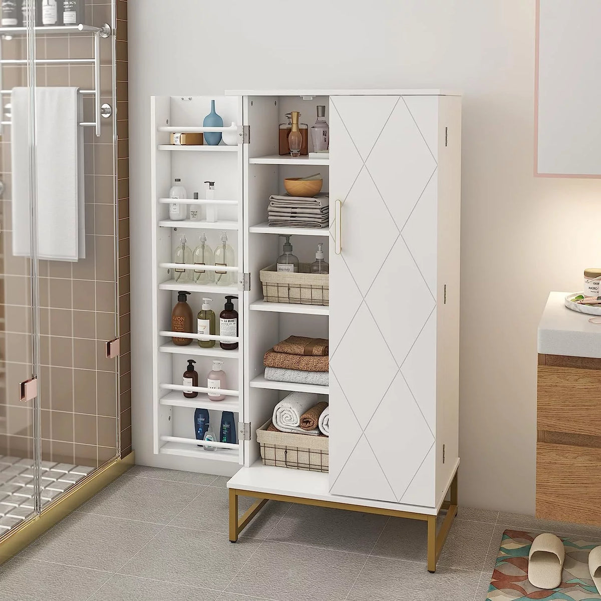 White Freestanding Kitchen Pantry Storage Cabinet with Adjustable Shelves A836916