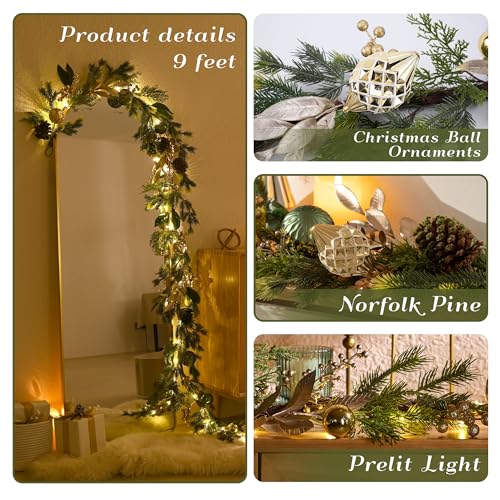 6Ft Prelit Christmas Garland with Pine Cone, Bow Ornaments (Green Gold) O759
