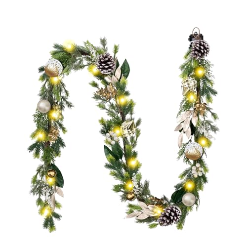6Ft Prelit Christmas Garland with Pine Cone, Bow Ornaments (Green Gold) O759