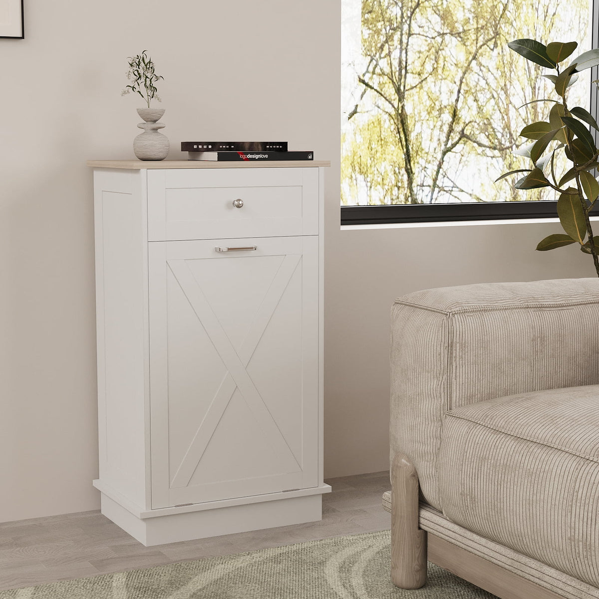 White Tilt Out Trash Can Cabinet T206613