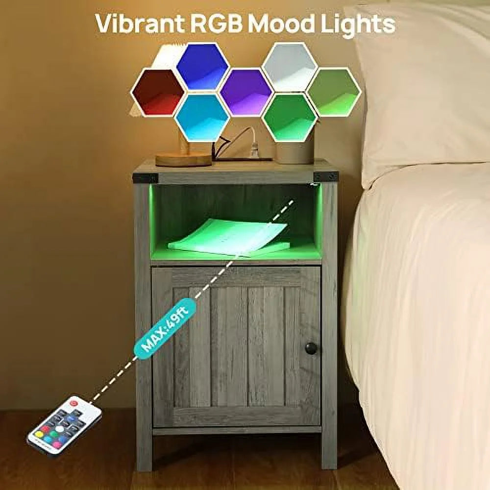 Grey Nightstand with LED Lights and Charging Station Set of 2 Z1761