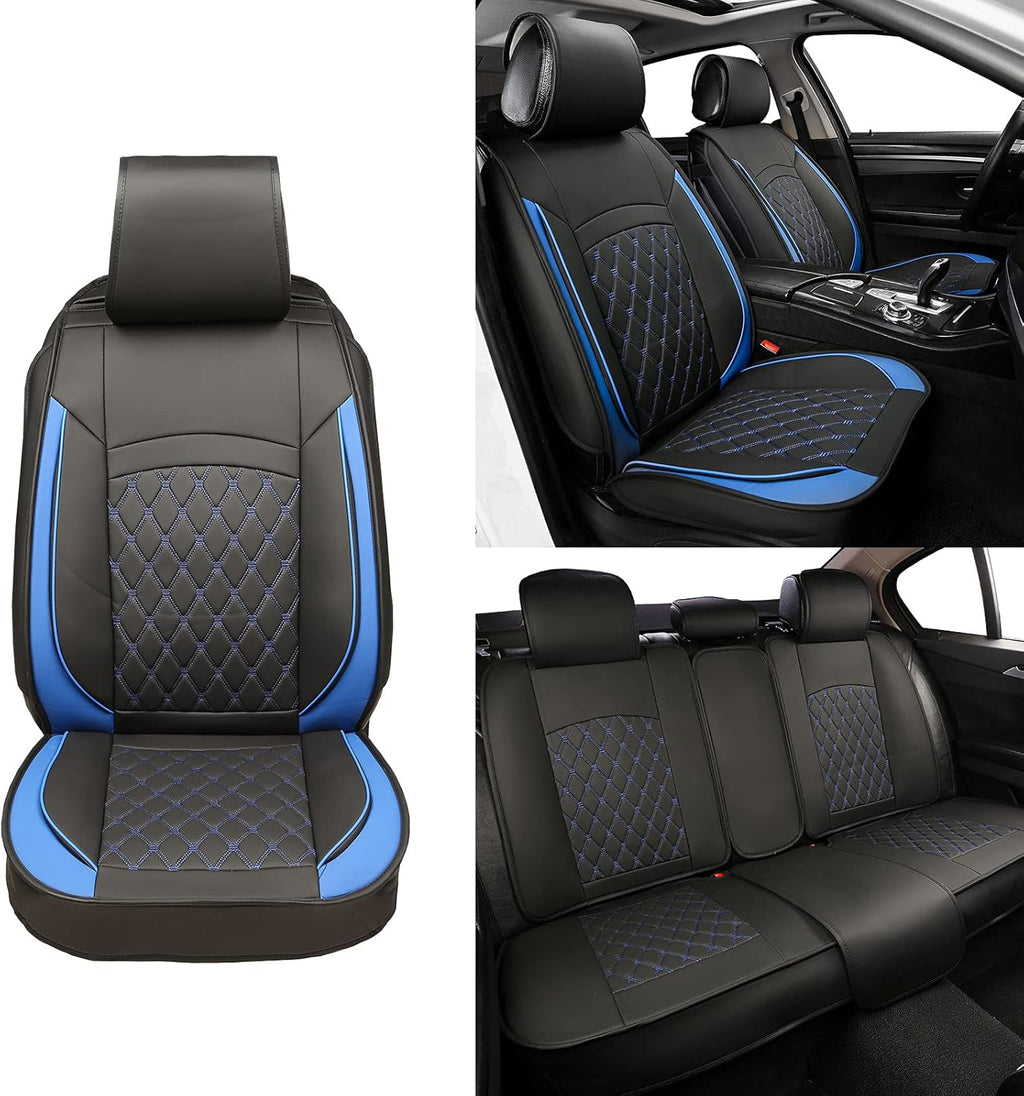 5 Car Seat Covers Black and Blue Leather Full Seat with 2 Car Backseat Storage Waterproof O31201
