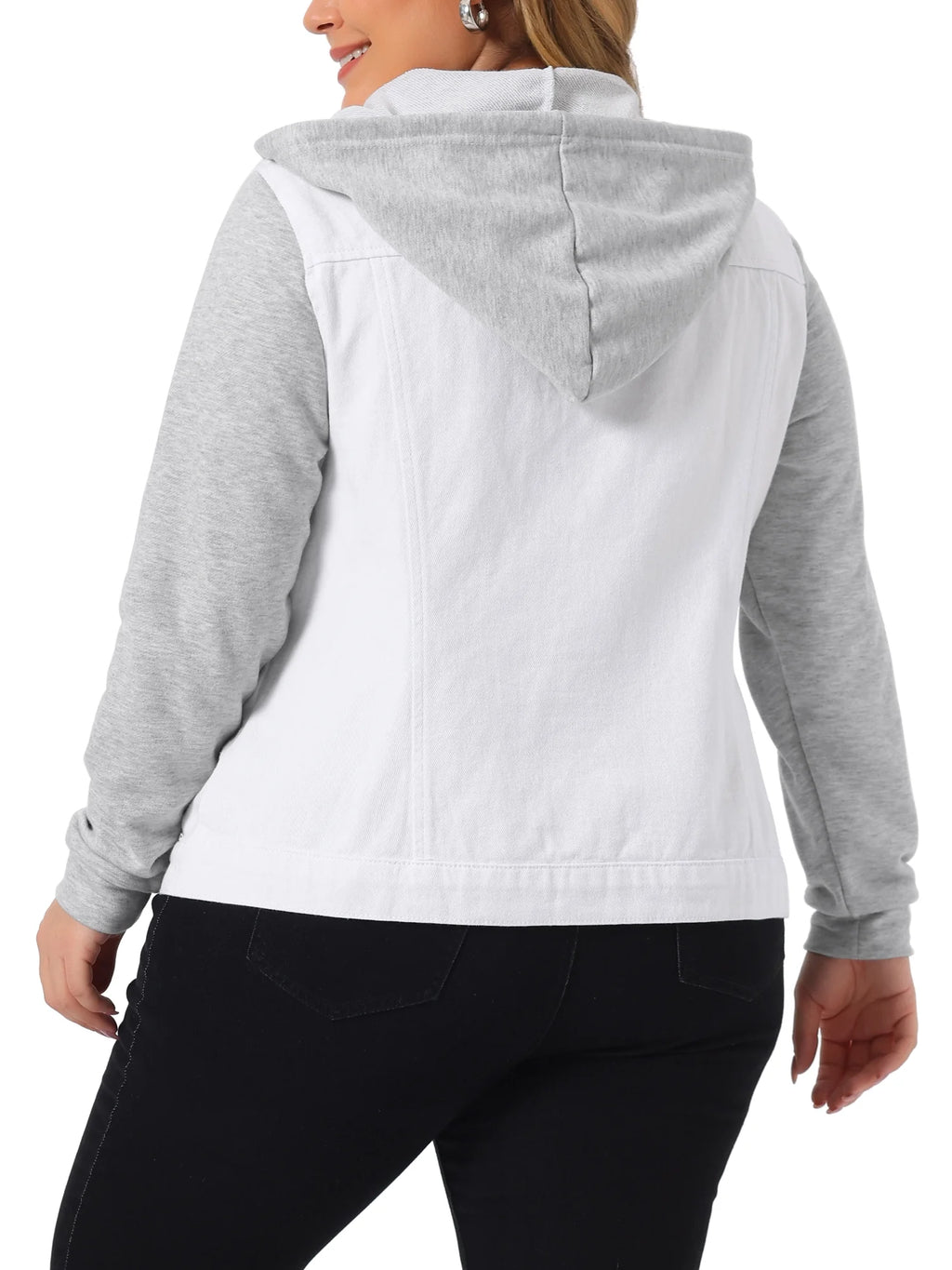 Plus Size Layered Drawstring Hood Denim Jacket V727263