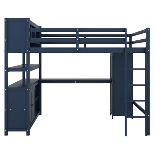 Full Size Wood Loft Bed with Desk and Storage Q10505