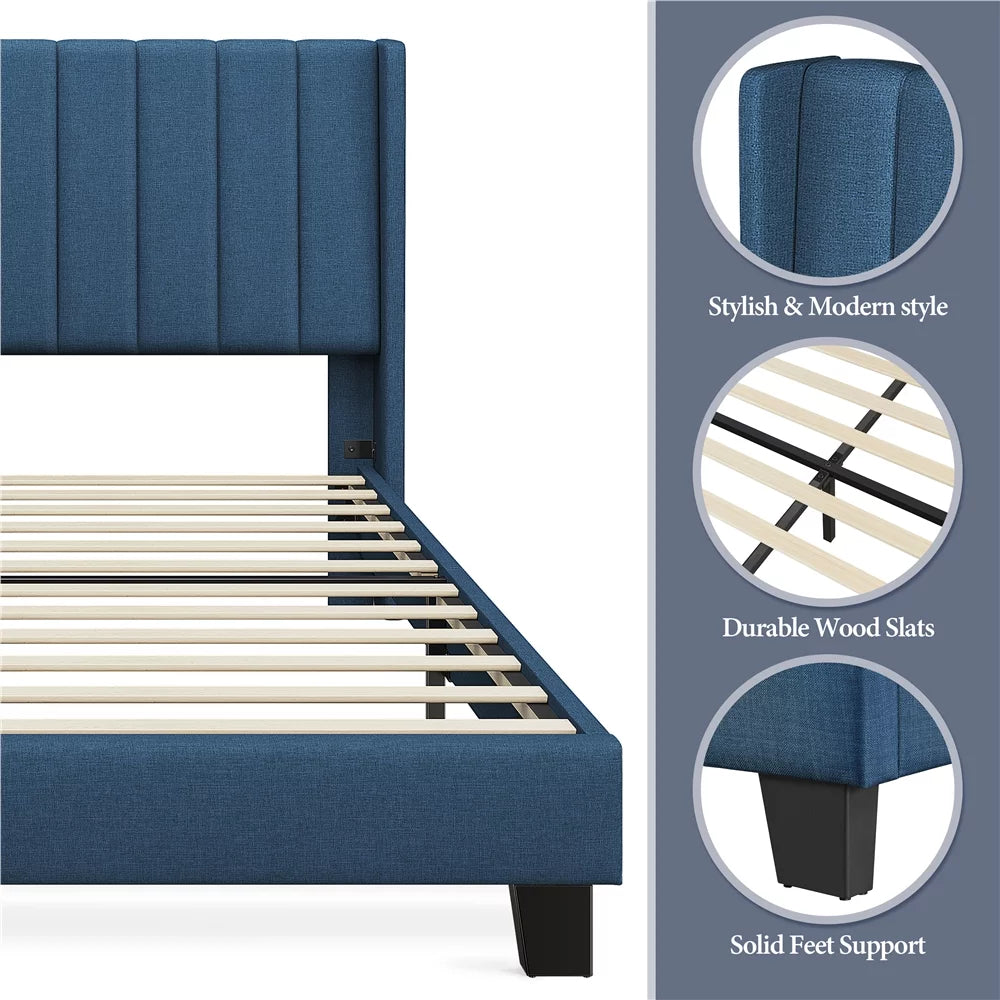 Queen Platform Bed with Upholstered Headboard, Navy Blue M114