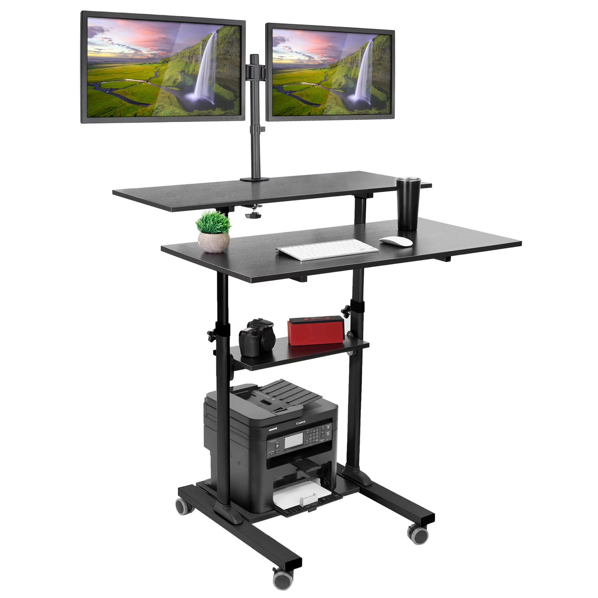 Black Mobile Standing Desk with Dual Monitor Mount X405