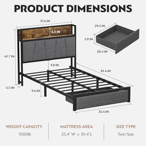 Twin Size Storage Platform Bed Frame with Headboard R4897