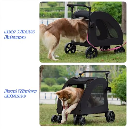 Large Dog Stroller, Removable Cushion Adjustable Handle Foldable 4 Wheel Pet Stroller (Black) I858422