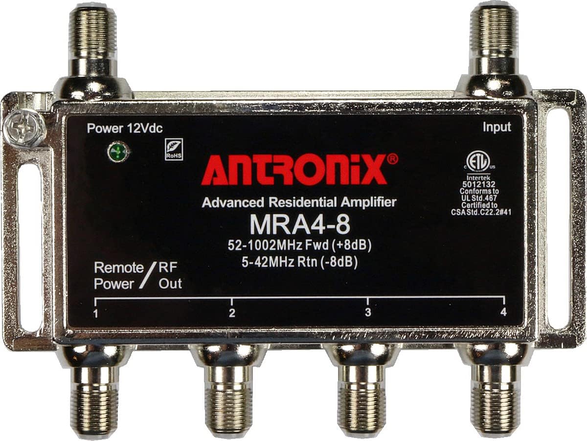 4-Port Digital Signal Amplifier Booster Splitter with Passive Return, Black Coax Power Cable, F59 Terminators, Pack of 2 F376570