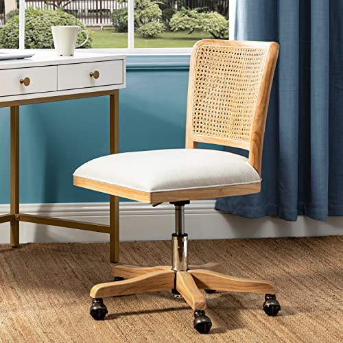 Upholstered Armless Swivel Desk Chair with Rattan Mid-Back A72246