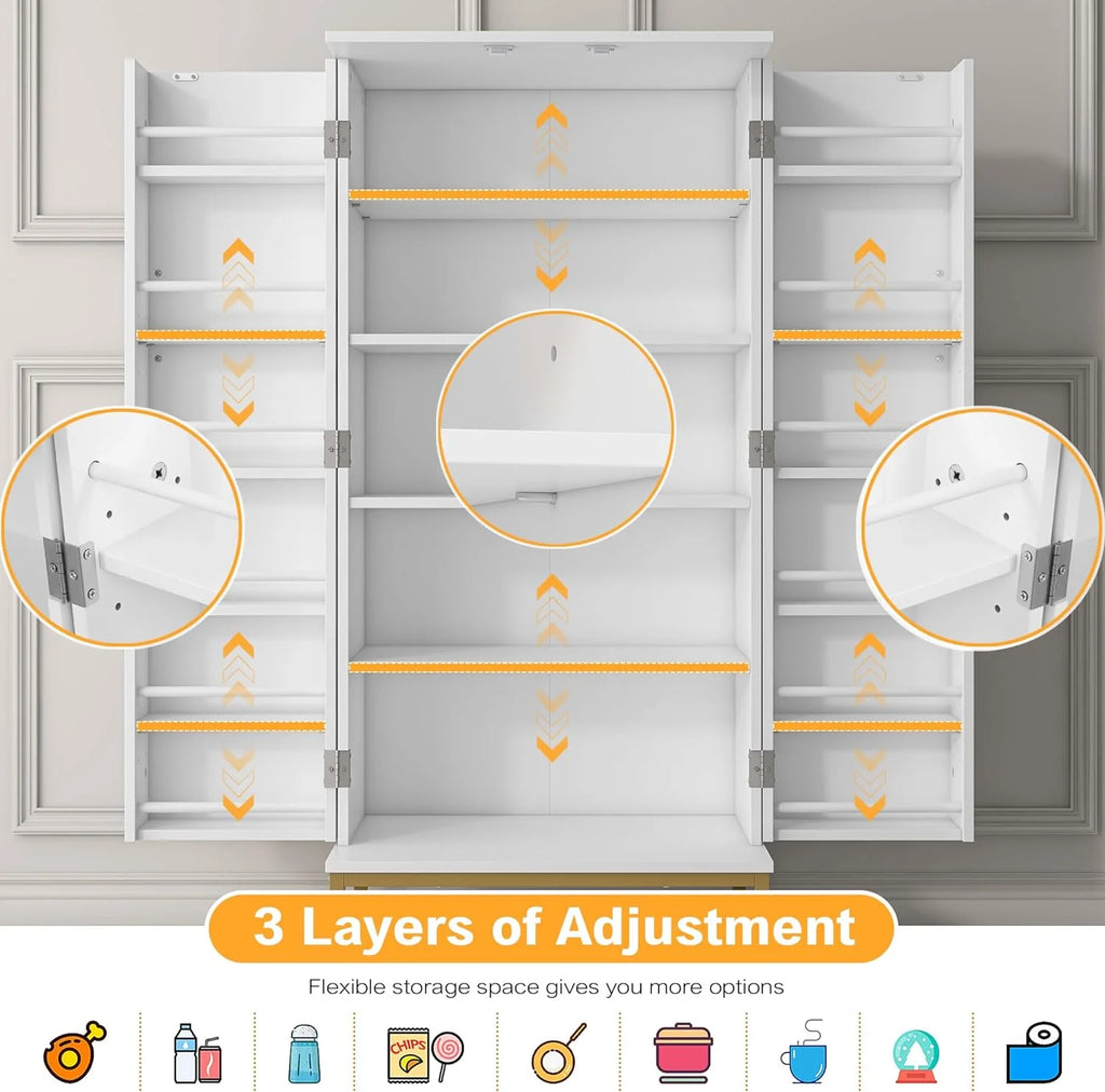 White Freestanding Kitchen Pantry Storage Cabinet with Adjustable Shelves A836916
