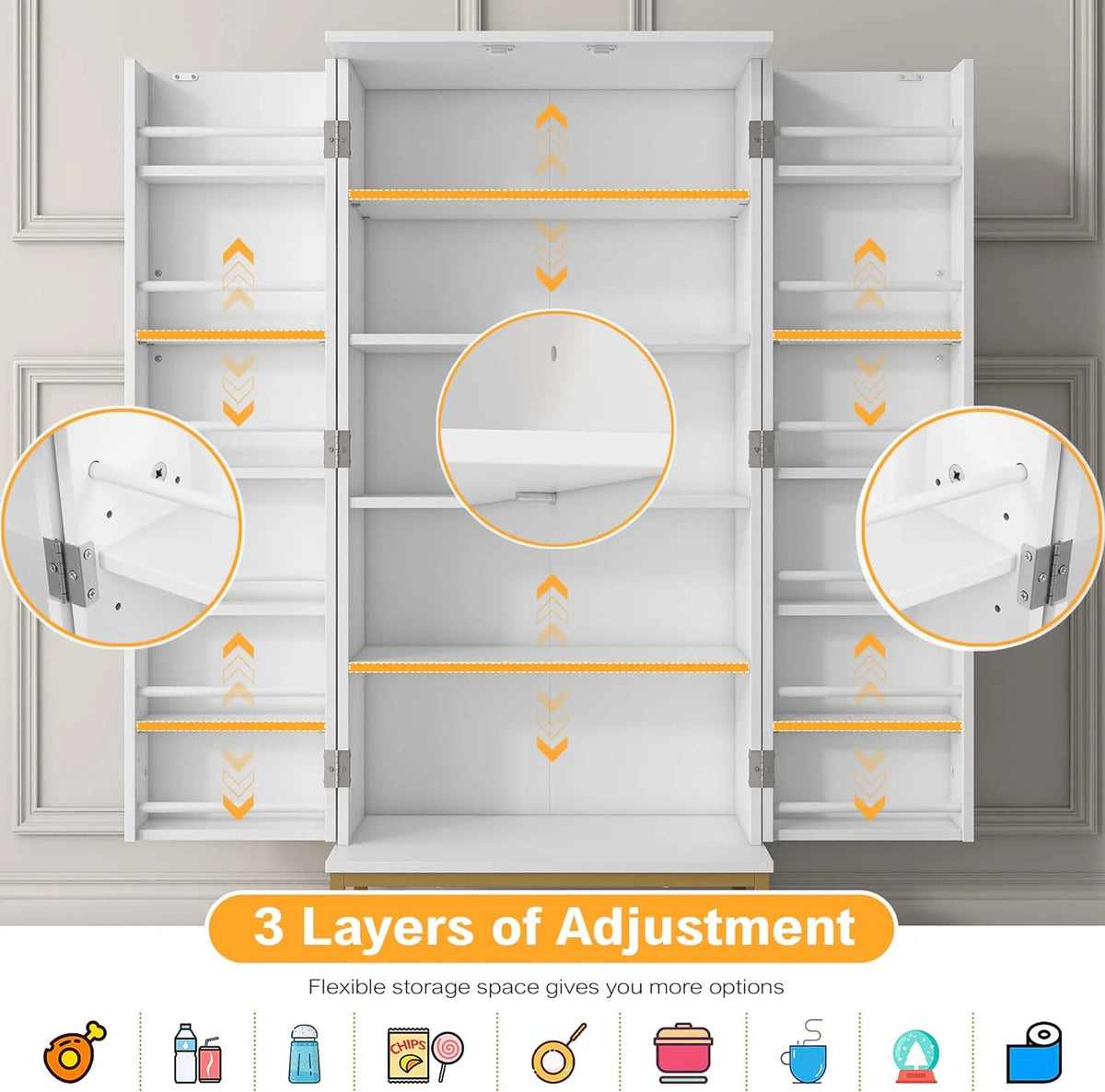 White Freestanding Kitchen Pantry Storage Cabinet with Adjustable Shelves A836916