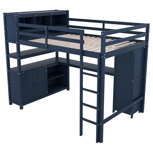 Full Size Wood Loft Bed with Desk and Storage Q10505