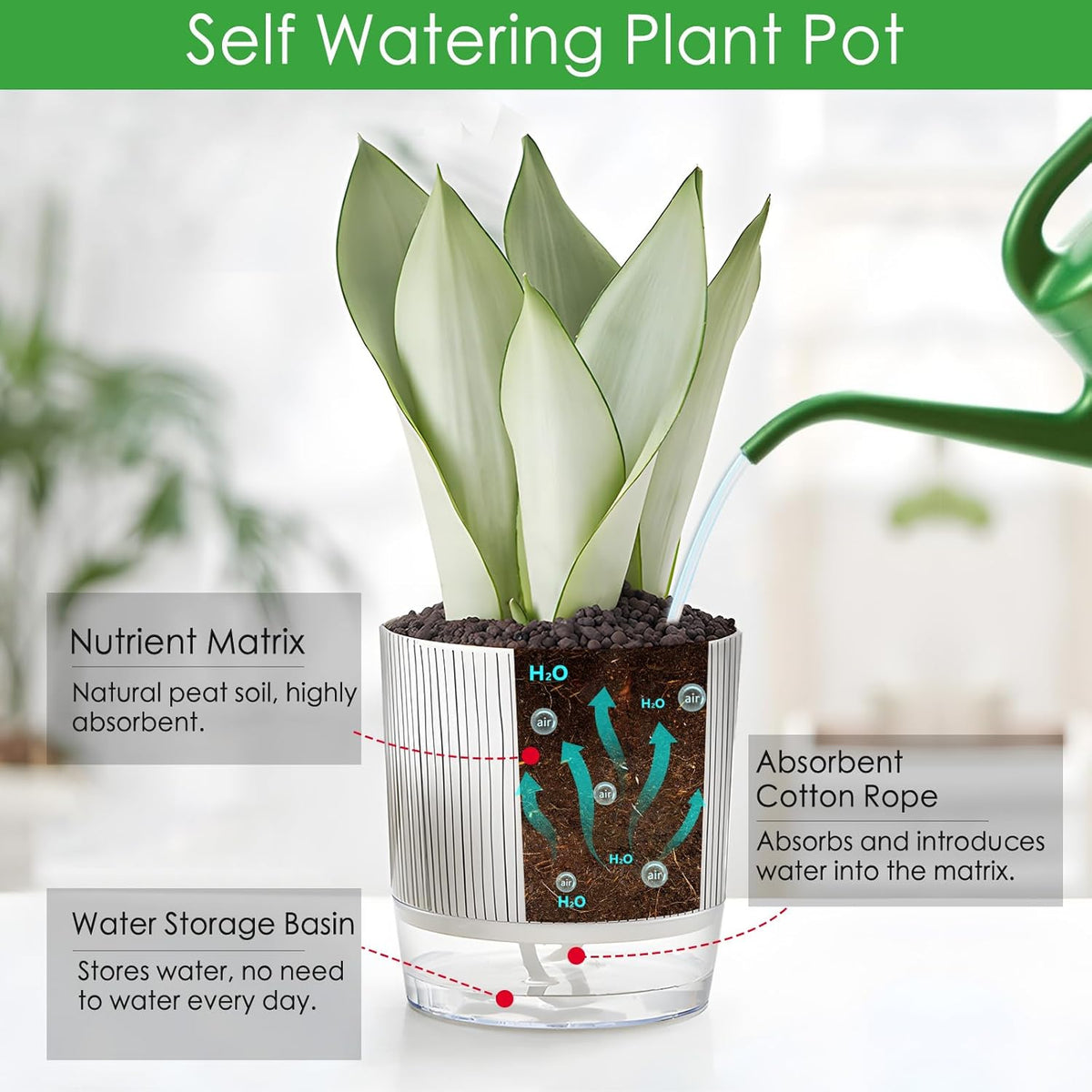 4 Pack Self Watering Pots, 4.3+5.5 Inch Planter Pot with Wick Rope and Reservoir Z1441