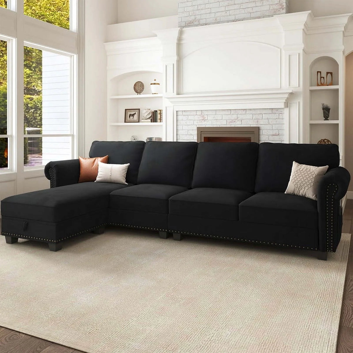 Black Velvet Sectional Sofa with Storage Ottoman and Reversible Chaise R743