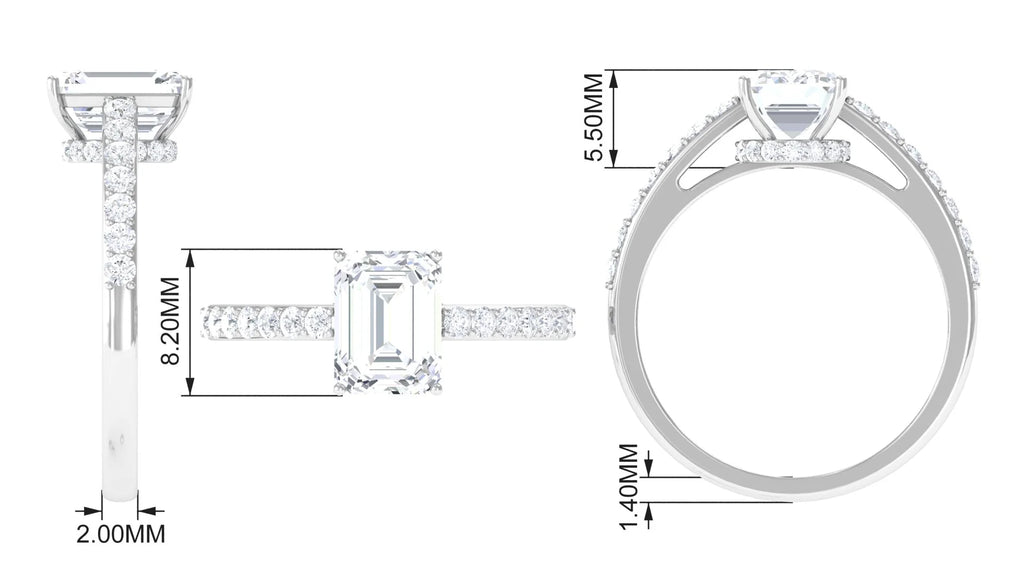 2.25 CT Octagon Cut Moissanite Solitaire Ring in Prong Setting with Surface Side Stones and Hidden Halo, 925 Sterling Silver, US 4.00 Q1496