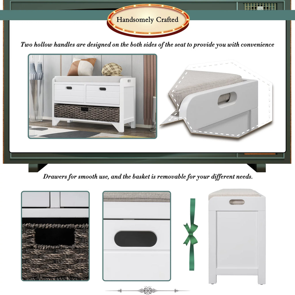 White Storage Bench with Removable Basket and 2 Drawers V52682