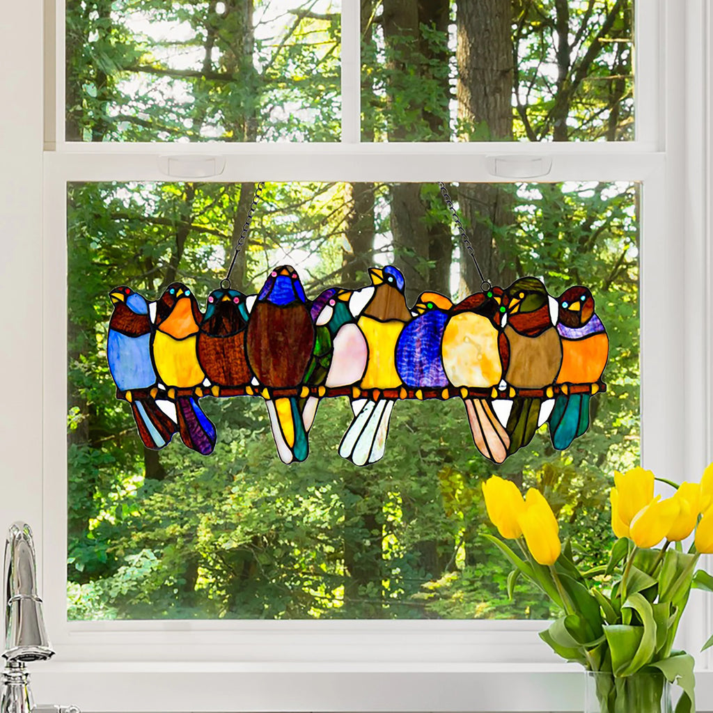 Stained Glass Birds on a Wire Window Panel J9602