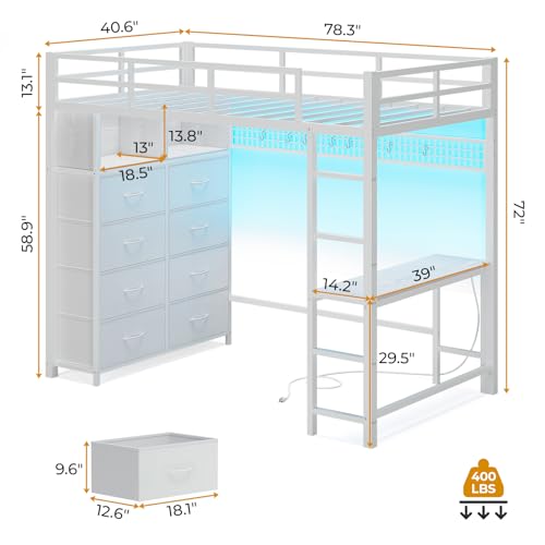 Twin Size Metal Loft Bed with Desk and 8 Storage Drawers, White D229090