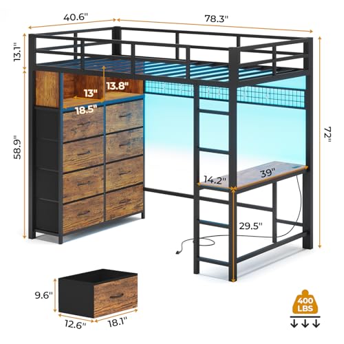 Twin Size Metal Loft Bed with Desk and 8 Storage Drawers, White D229090
