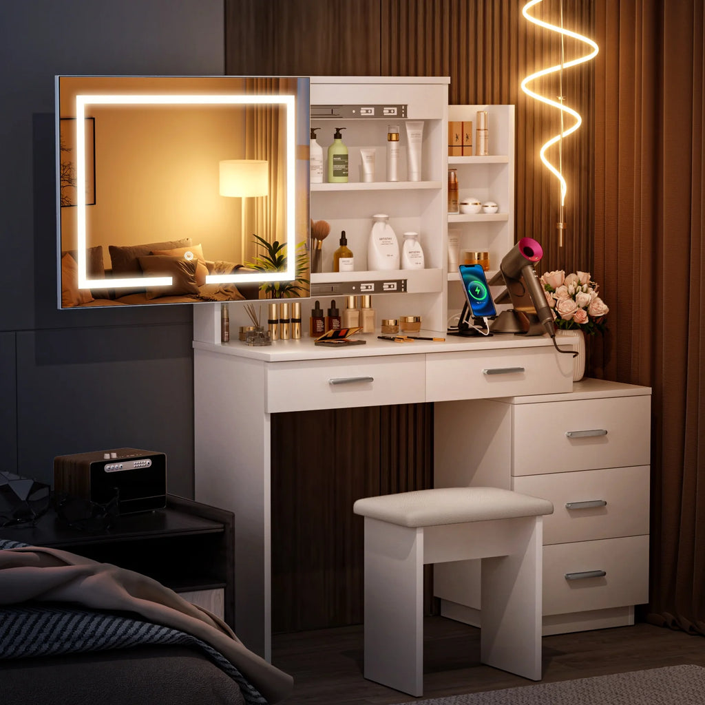 White Makeup Vanity Desk with Lighted Mirror and 3-Drawer Chest F130