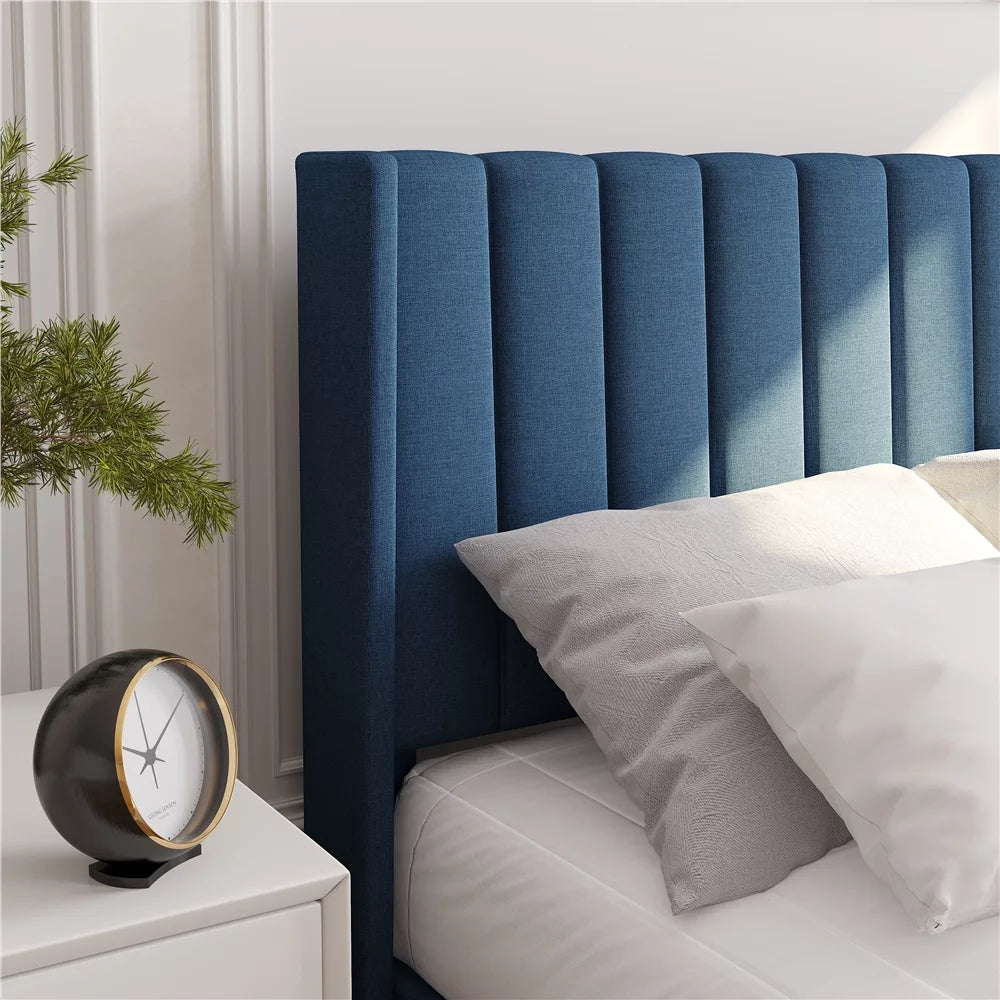 Queen Platform Bed with Upholstered Headboard, Navy Blue M114