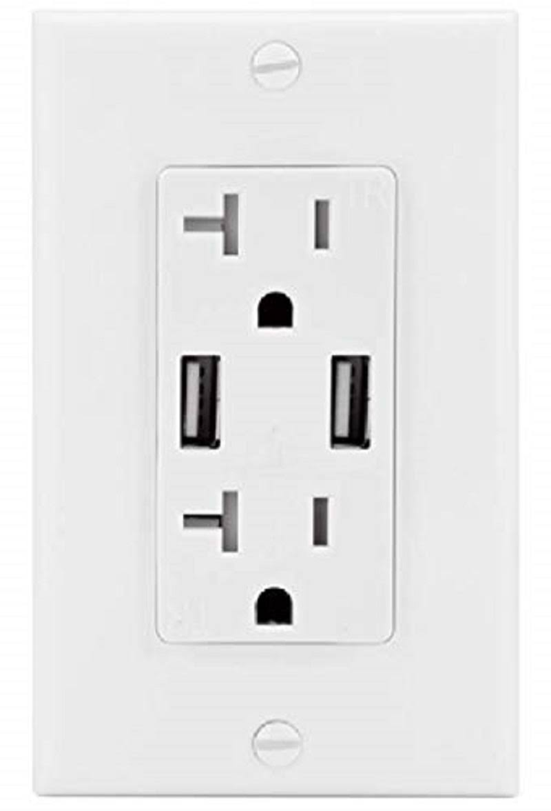 White Dual USB Receptacle Outlet with Wall Plate T6554