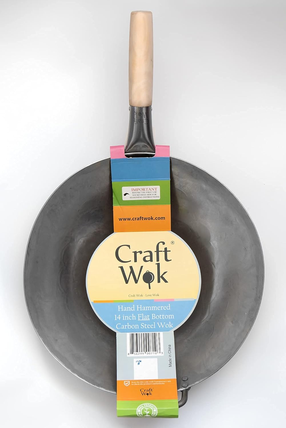 Flat Hand Hammered Carbon Steel Wok with Helper Handle 14 Inch C146