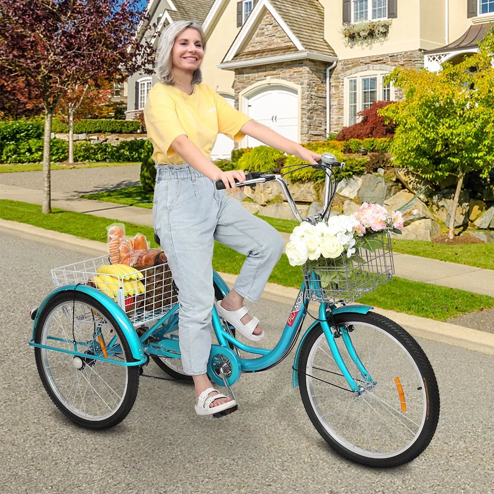 Adult Trike 7 Speed 24/26 Inch Three-Wheeled Cruiser Bike with Folding Front & Rear Basket Adjustable Height Seat F702500