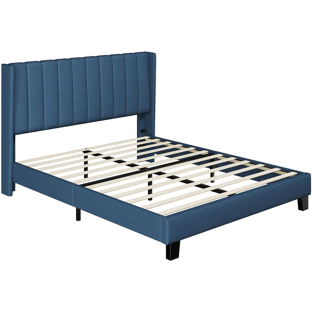 Queen Platform Bed with Upholstered Headboard, Navy Blue M114