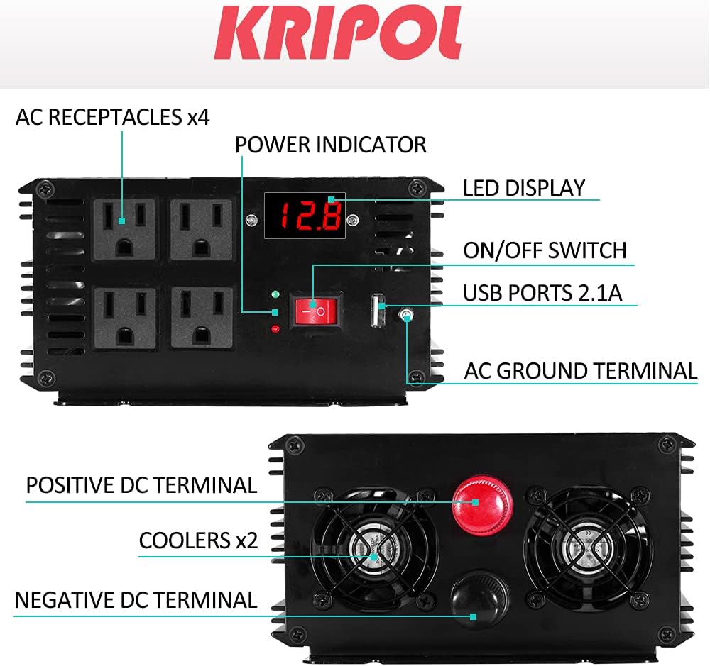 1000 Watt Pure Sine Wave Inverter 12v DC to 110/120v AC with Wireless Remote Control G2575