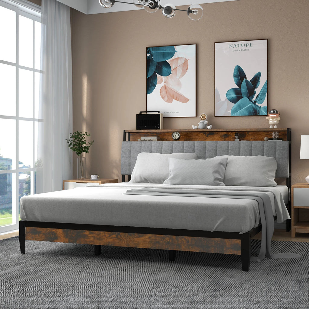 Full Size Upholstered Platform Bed Frame with Charging Station E6597