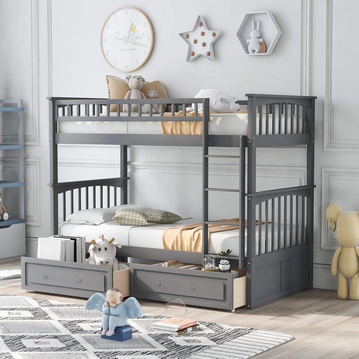 Solid Wood Twin Over Twin Bunk Bed with Two Storage Drawers T524