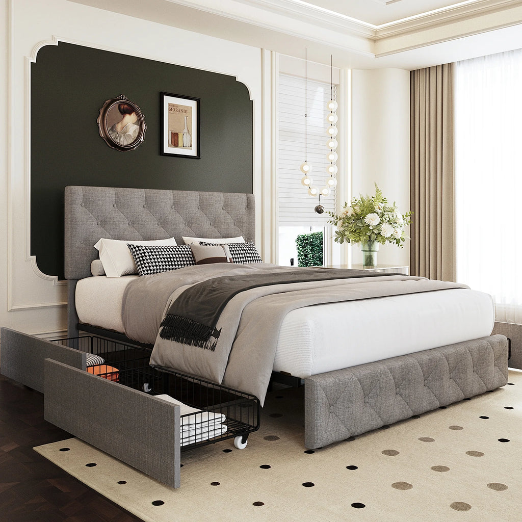 Queen Platform Bed Frame with Wingback Storage Headboard and Velvet Upholstered Headboard Grey E51395