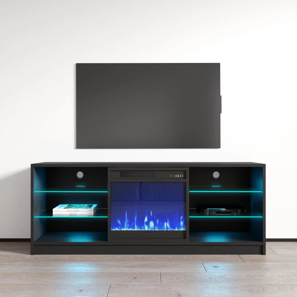 High Gloss Fireplace TV Stand with Storage Cabinets and LED Lights E390