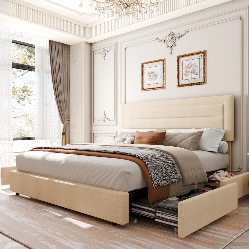 Queen Platform Bed Frame with Wingback Storage Headboard and Velvet Upholstered Headboard Grey E51395