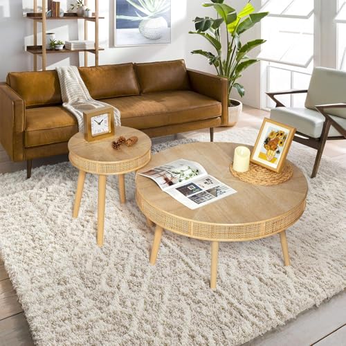 2-Piece Solid Wood Rattan Coffee Table Set R45037