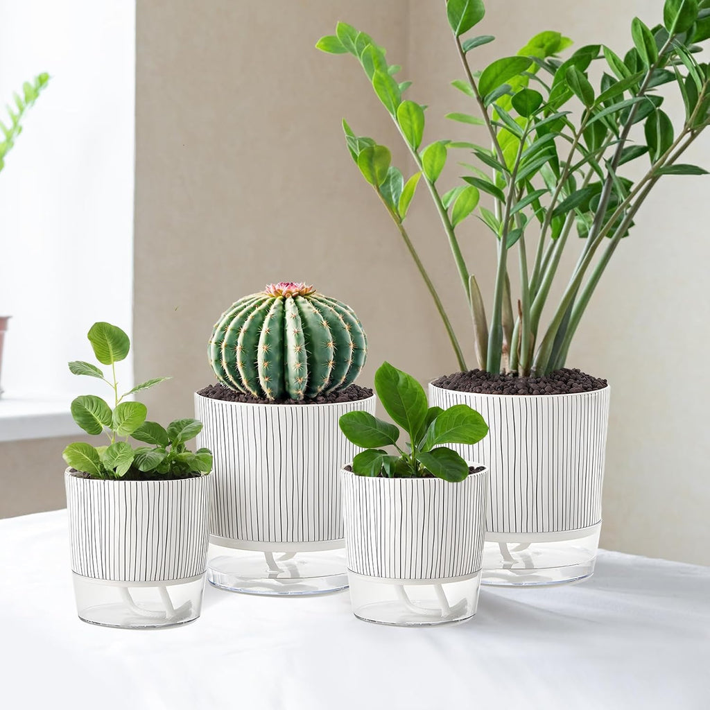 4 Pack Self Watering Pots, 4.3+5.5 Inch Planter Pot with Wick Rope and Reservoir Z1441