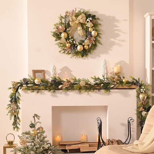6Ft Prelit Christmas Garland with Pine Cone, Bow Ornaments (Green Gold) O759