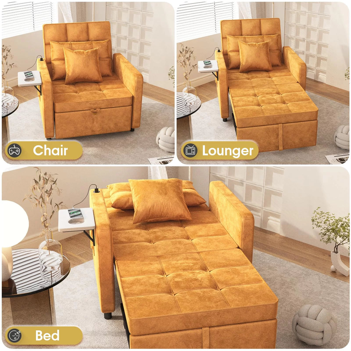 Velvet 3-in-1 Sofa Bed Chair with Wing Table and USB Ports G560