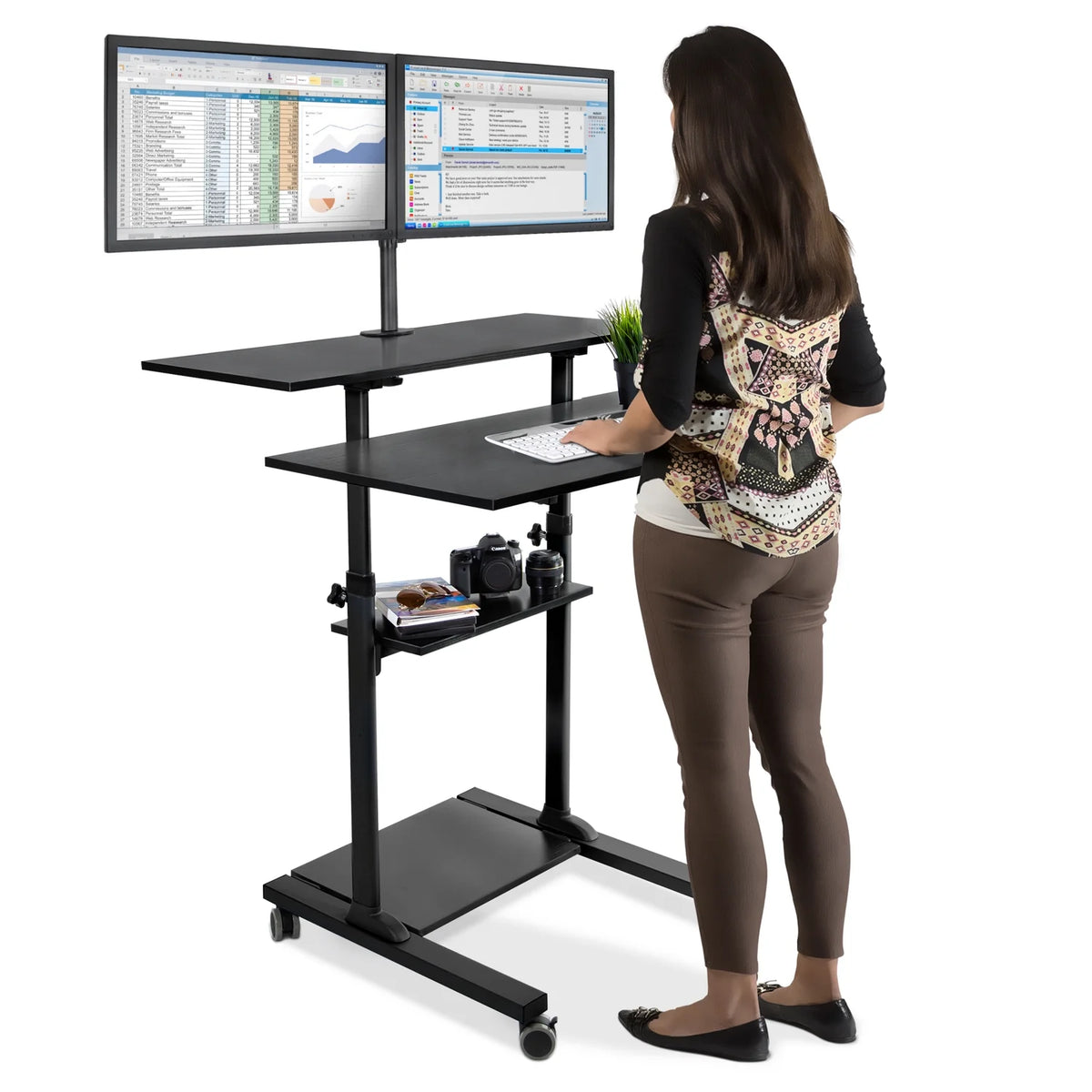 Black Mobile Standing Desk with Dual Monitor Mount X405