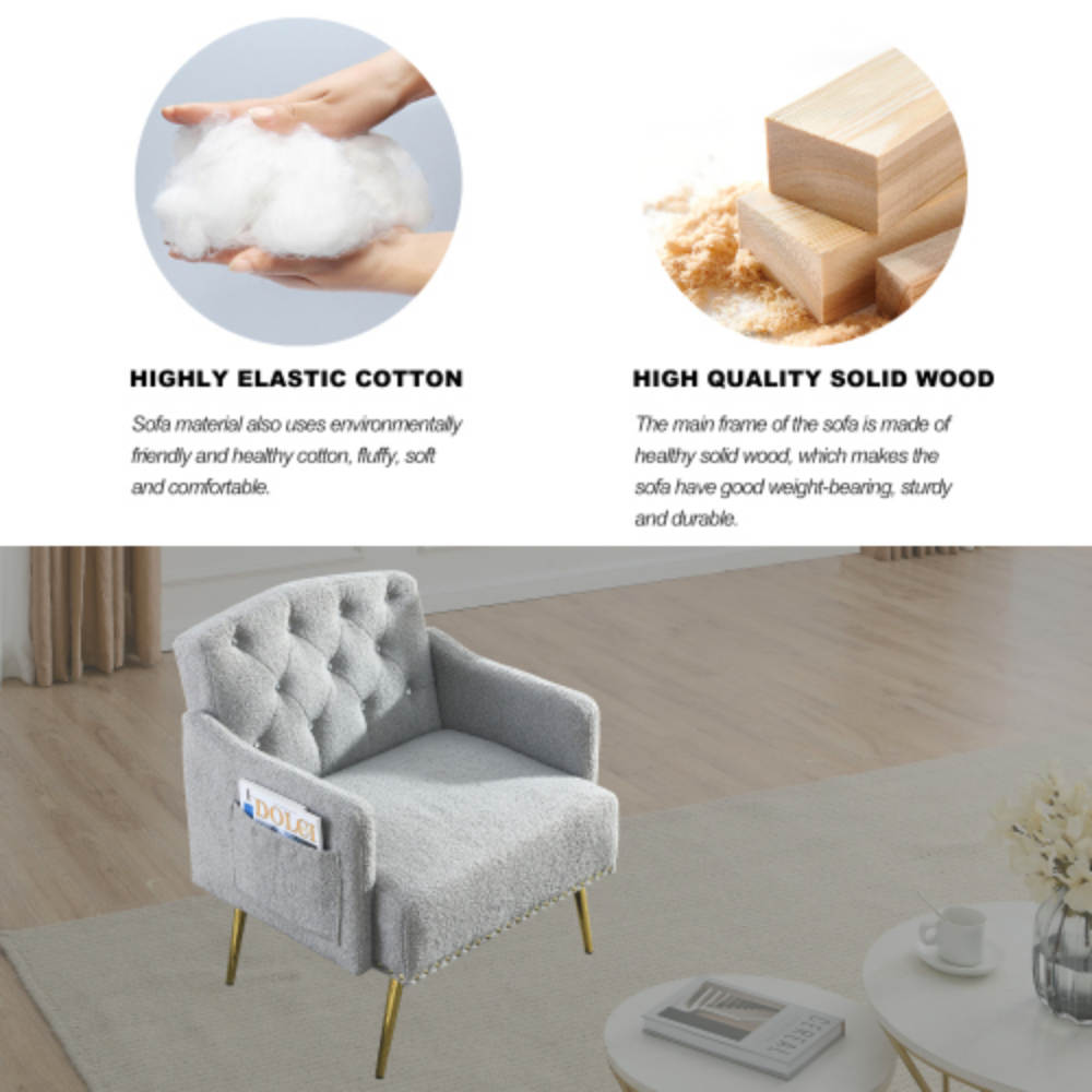 Grey Teddy Tufted Upholstered Chair with Gold Hardware Legs Z5898