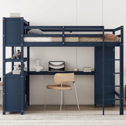 Full Size Wood Loft Bed with Desk and Storage Q10505