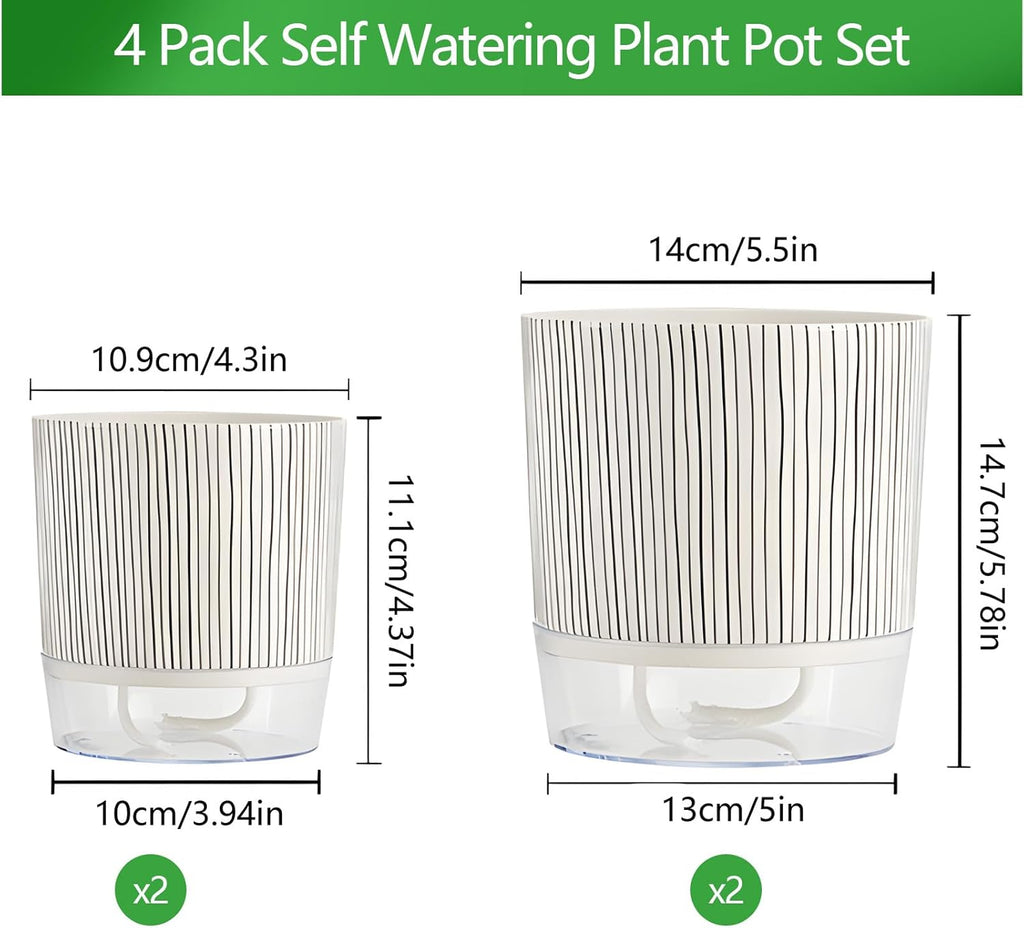4 Pack Self Watering Pots, 4.3+5.5 Inch Planter Pot with Wick Rope and Reservoir Z1441